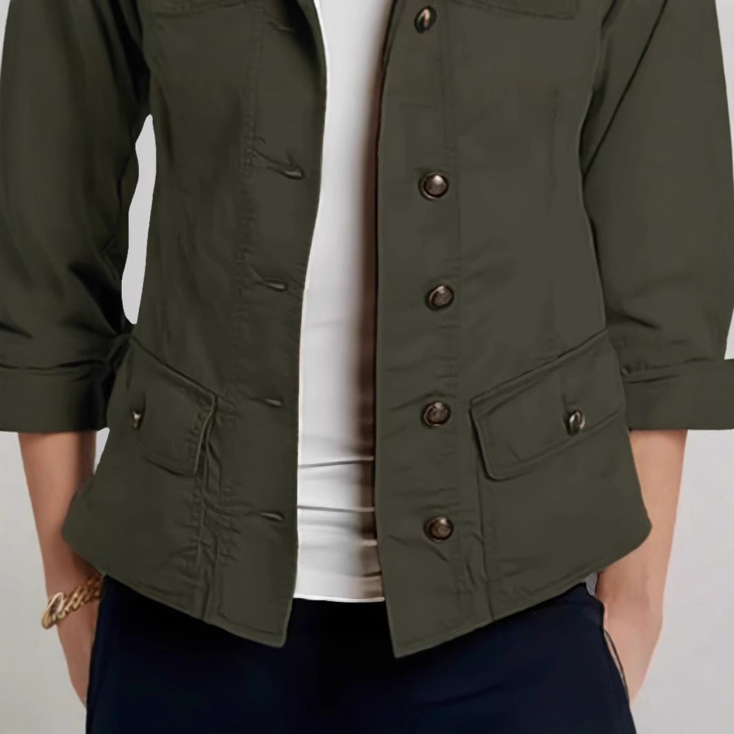 Fashion Solid Color Roll-up Sleeve Single-breasted Casual Jacket