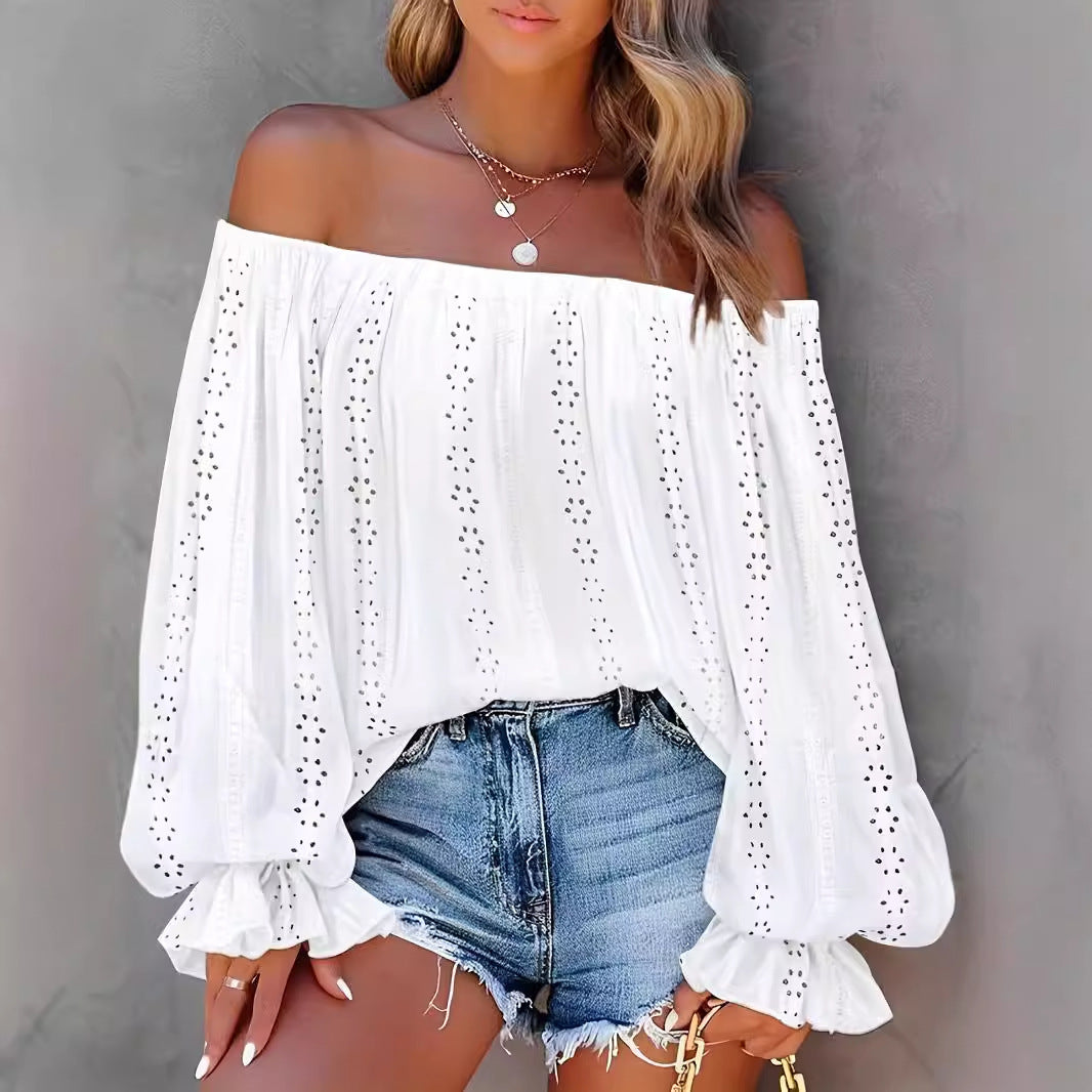European And American-style Off-shoulder Chiffon Shirt Lantern Sleeve Hollow-out Long Sleeve Top For Women