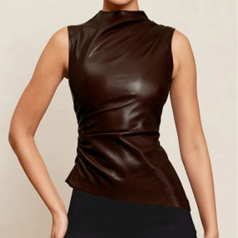 Faux Leather Solid Tops Women's Tank Summer Sleeveless O-Neck Solid Tank Bodycon High Street Fashion Vestidos Zippers Folds Casual Tank