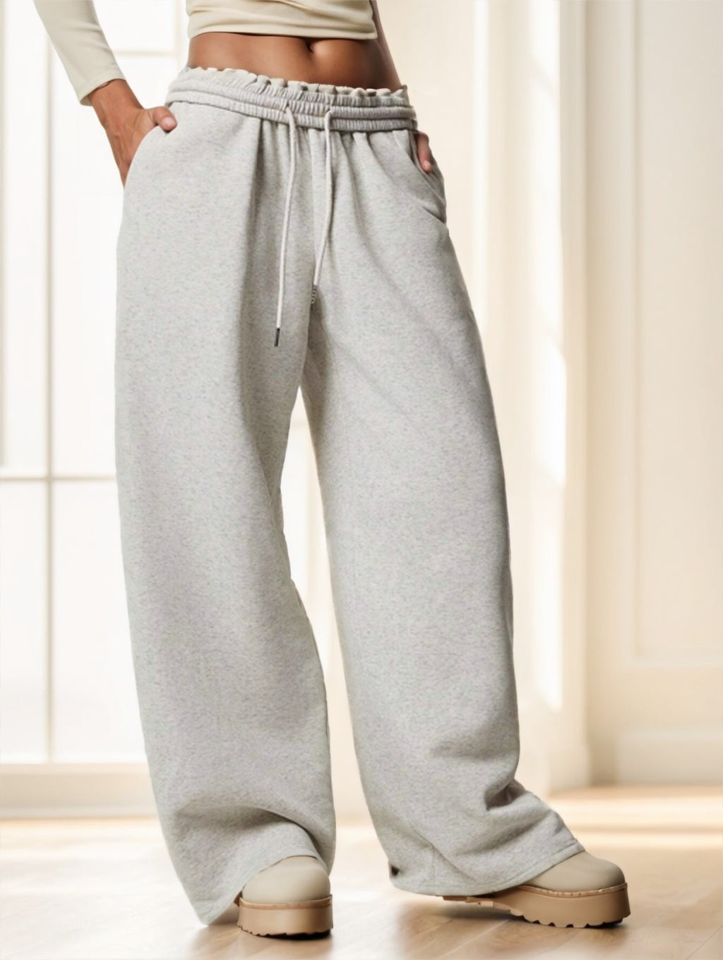 Forever 21 Autumn Winter New Thermal Lined Thick Casual Versatile High Waist Elastic Waist Loose Wide Leg Sweatpants