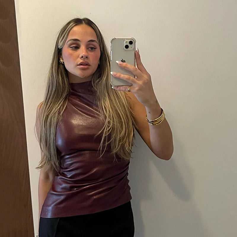 Faux Leather Solid Tops Women's Tank Summer Sleeveless O-Neck Solid Tank Bodycon High Street Fashion Vestidos Zippers Folds Casual Tank