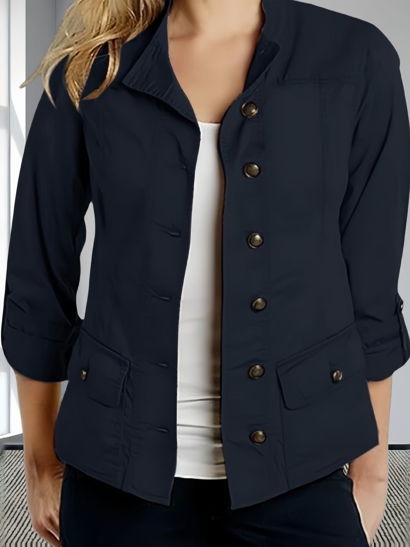 Fashion Solid Color Roll-up Sleeve Single-breasted Casual Jacket