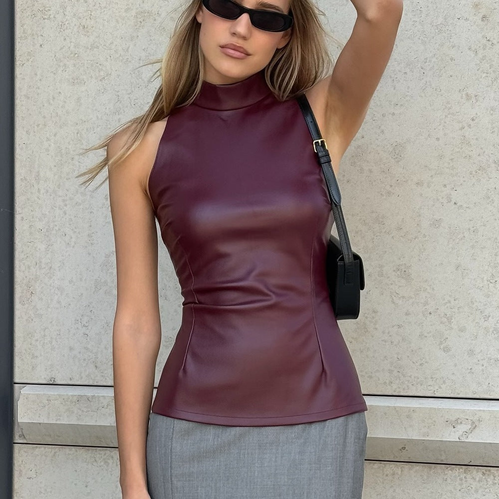 PU Leather Slim-fit Slimming Half Turtleneck Sleeveless Vest
