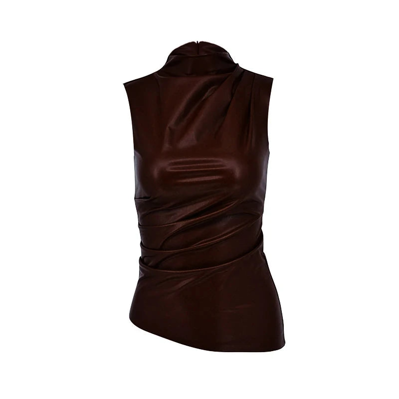 Faux Leather Solid Tops Women's Tank Summer Sleeveless O-Neck Solid Tank Bodycon High Street Fashion Vestidos Zippers Folds Casual Tank