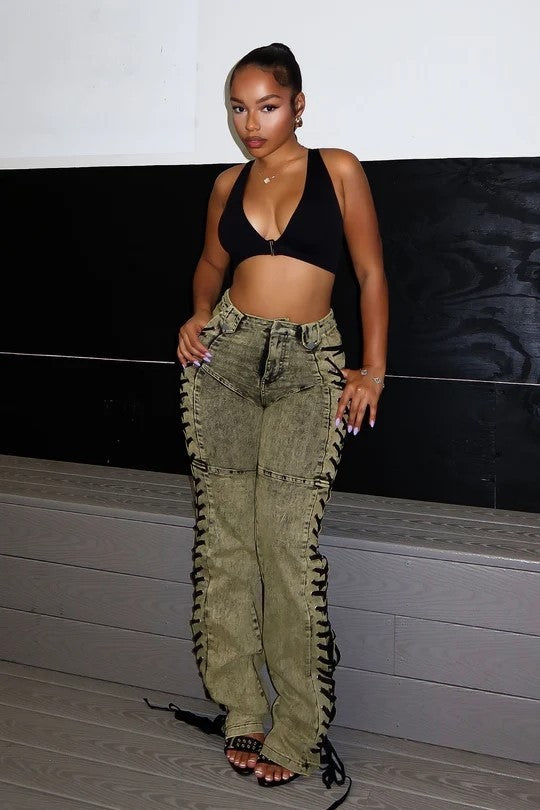 European And American Fashion Women's Wear Bandage Drawstring Hot Girl Jeans