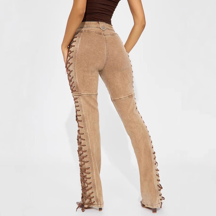 European And American Fashion Women's Wear Bandage Drawstring Hot Girl Jeans