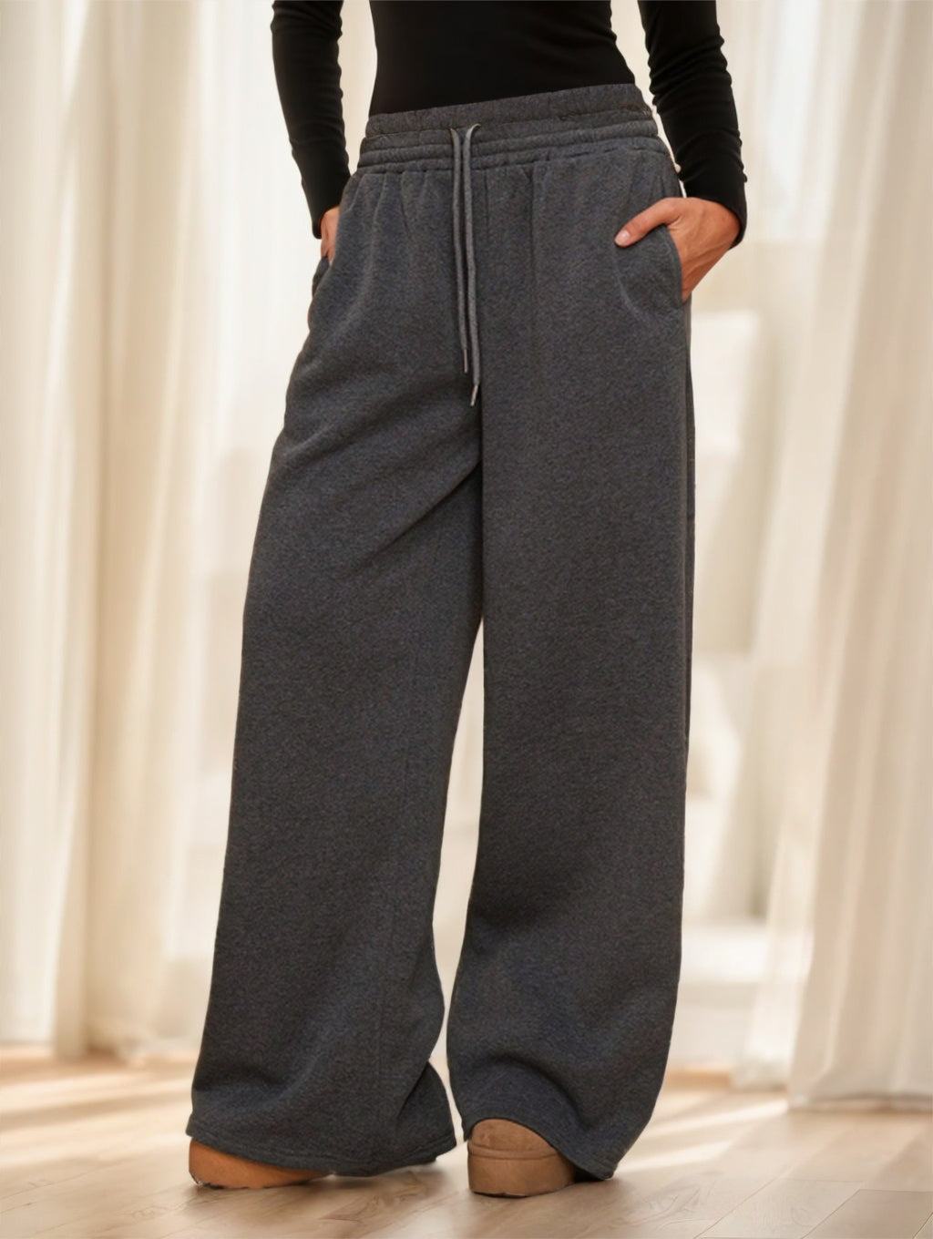Forever 21 Autumn Winter New Thermal Lined Thick Casual Versatile High Waist Elastic Waist Loose Wide Leg Sweatpants