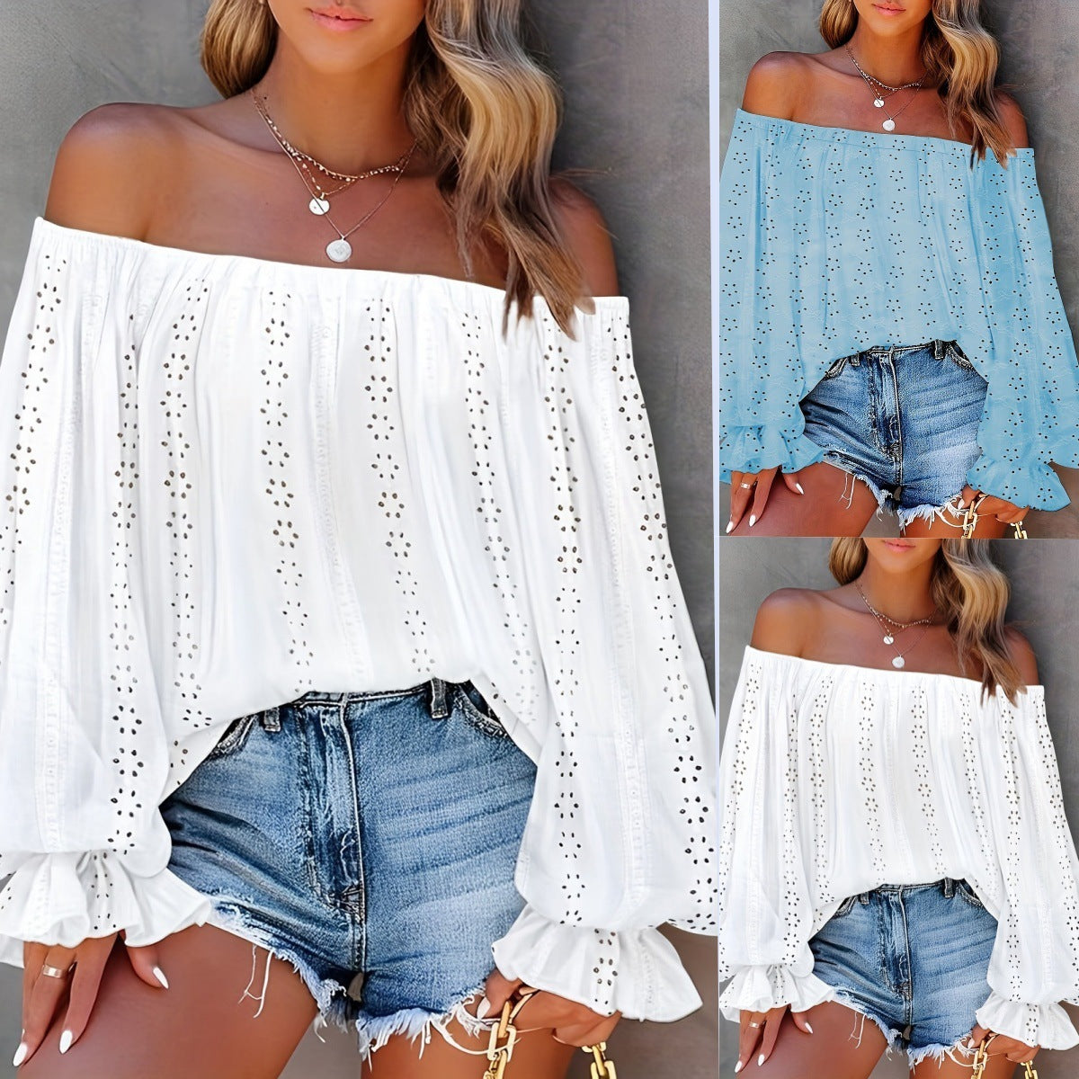 European And American-style Off-shoulder Chiffon Shirt Lantern Sleeve Hollow-out Long Sleeve Top For Women