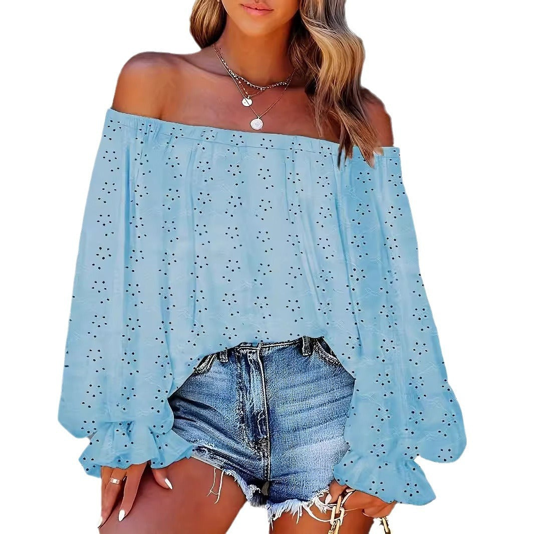 European And American-style Off-shoulder Chiffon Shirt Lantern Sleeve Hollow-out Long Sleeve Top For Women