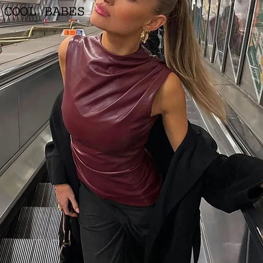 Faux Leather Solid Tops Women's Tank Summer Sleeveless O-Neck Solid Tank Bodycon High Street Fashion Vestidos Zippers Folds Casual Tank