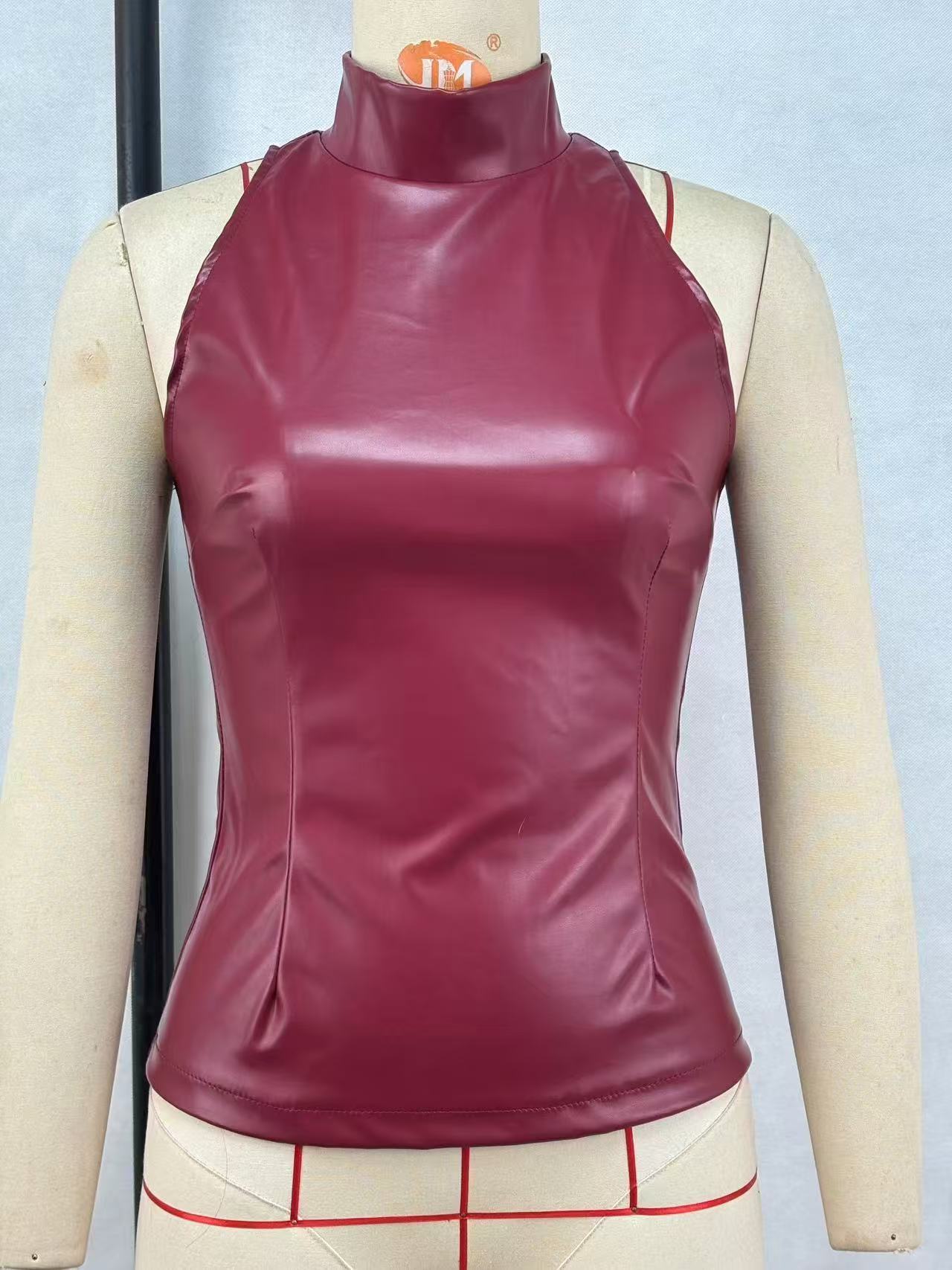 PU Leather Slim-fit Slimming Half Turtleneck Sleeveless Vest