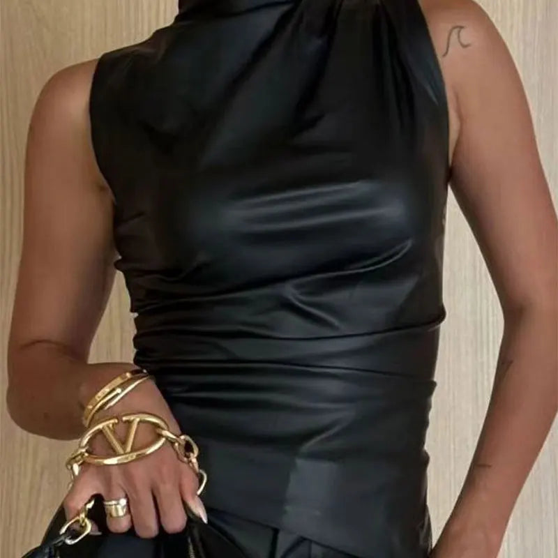 Faux Leather Solid Tops Women's Tank Summer Sleeveless O-Neck Solid Tank Bodycon High Street Fashion Vestidos Zippers Folds Casual Tank