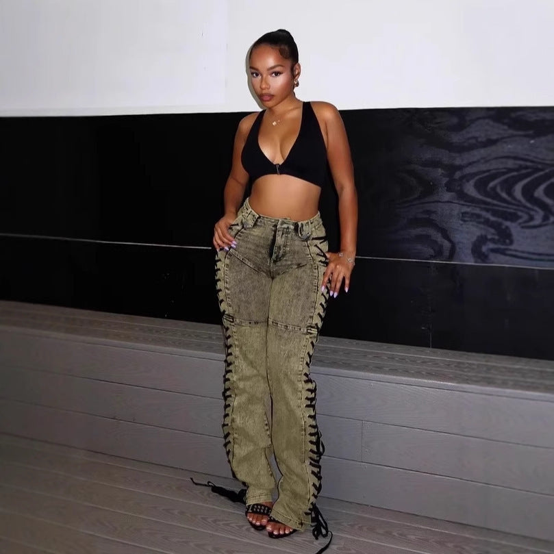 European And American Fashion Women's Wear Bandage Drawstring Hot Girl Jeans