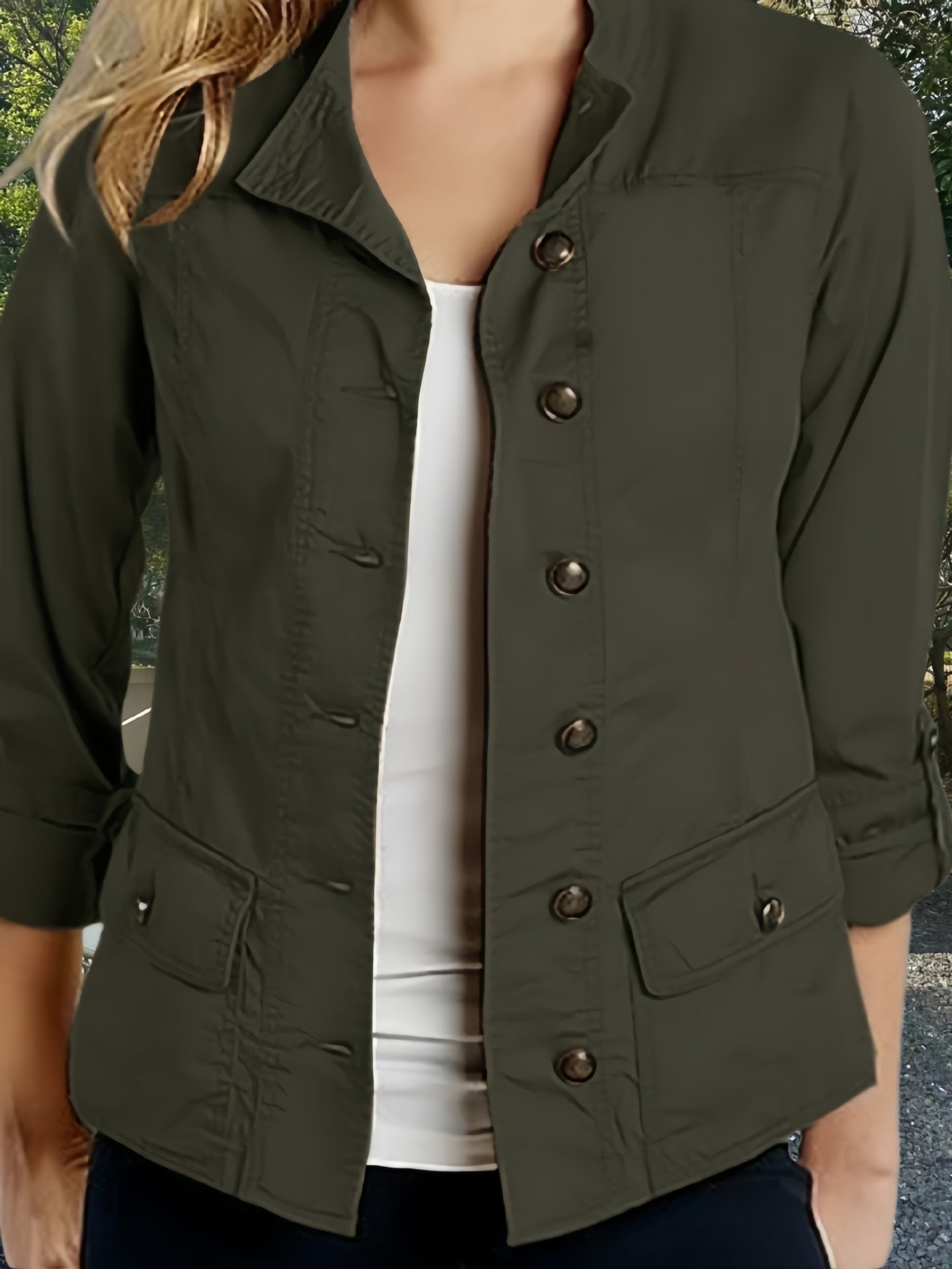 Fashion Solid Color Roll-up Sleeve Single-breasted Casual Jacket