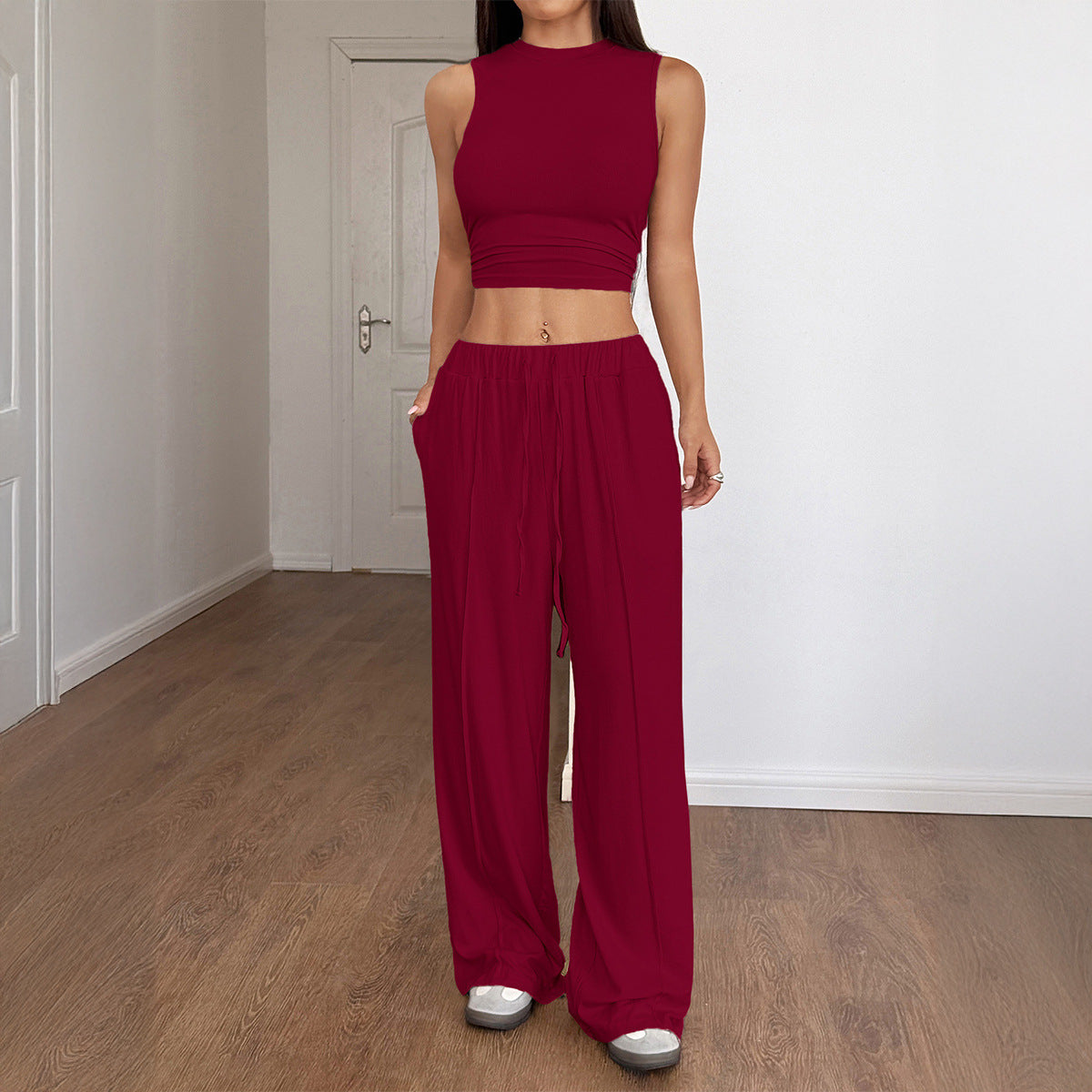 European And American Sports Hot Girl Style Sleeveless T-shirt Wide Leg Trousers Suit