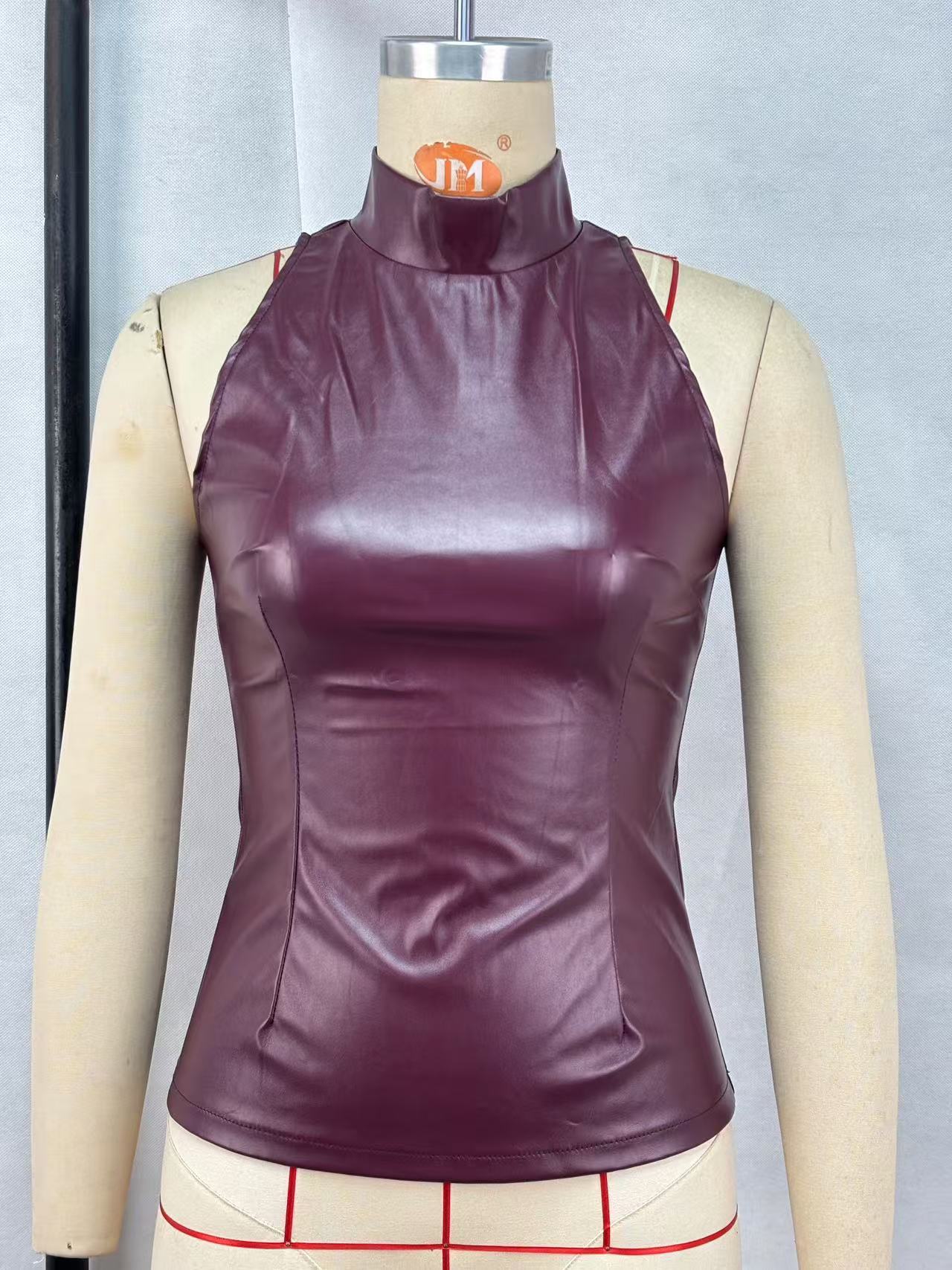 PU Leather Slim-fit Slimming Half Turtleneck Sleeveless Vest